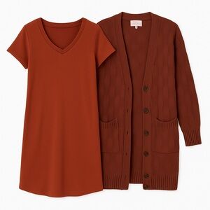 Pink Lily Rust Dress & Cardigan Set Sz Small – Cozy Fall 2-Piece